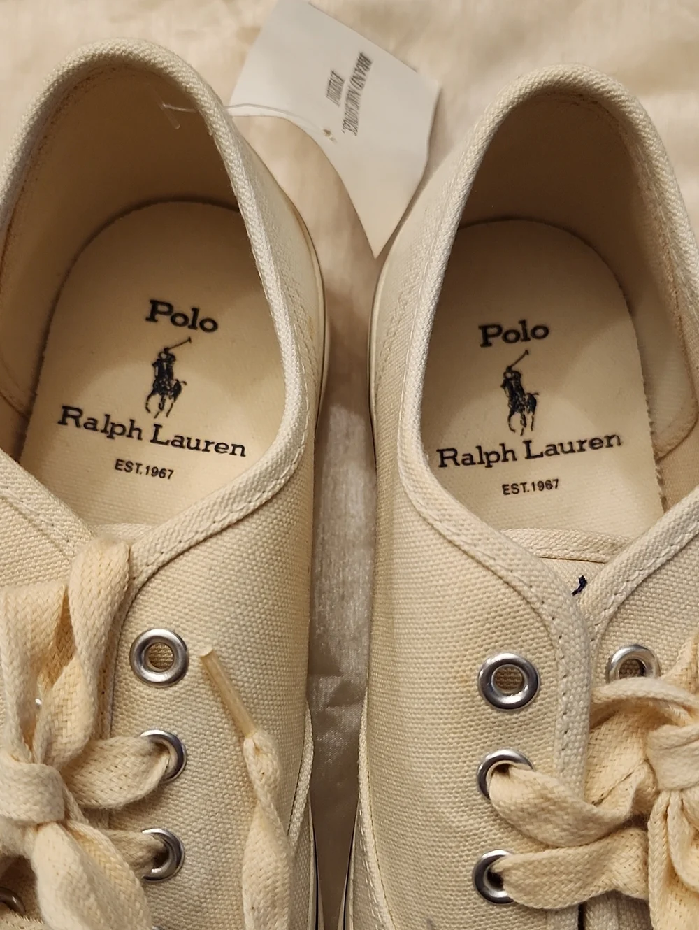 Polo Ralph Lauren Vtg New Cream Canvas Preppy Sneakers Navy Accents, 8B, $30
